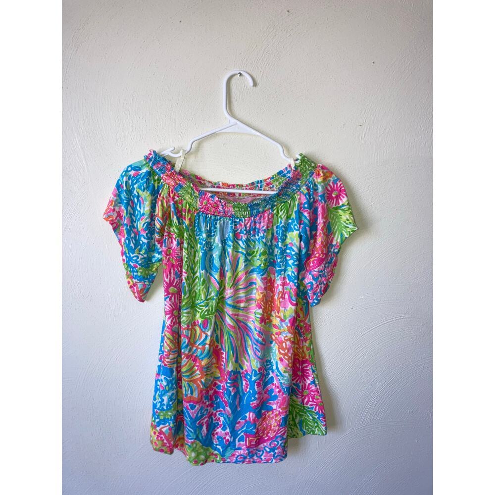 EUC Lilly Pulitzer Almeria Lovers Coral Stretch Off the Shoulder Top Bright XS - Picture 10 of 13